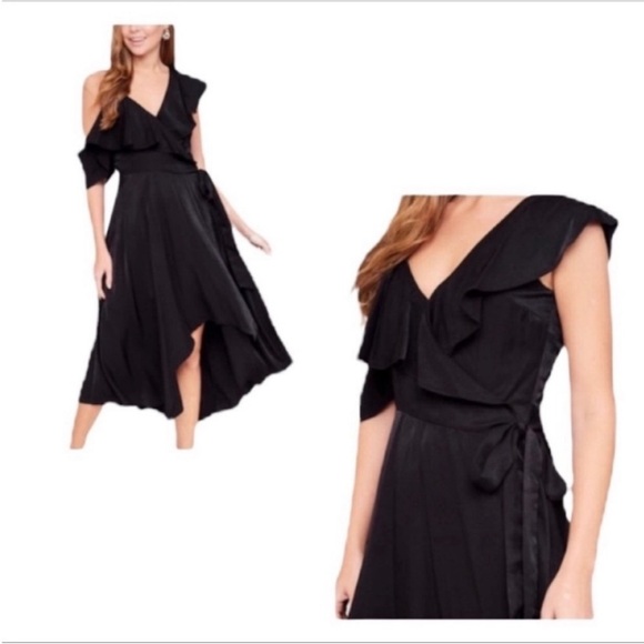 L LOVE Ruffle Drop Shoulder Wrap Dress S black - Picture 2 of 11
